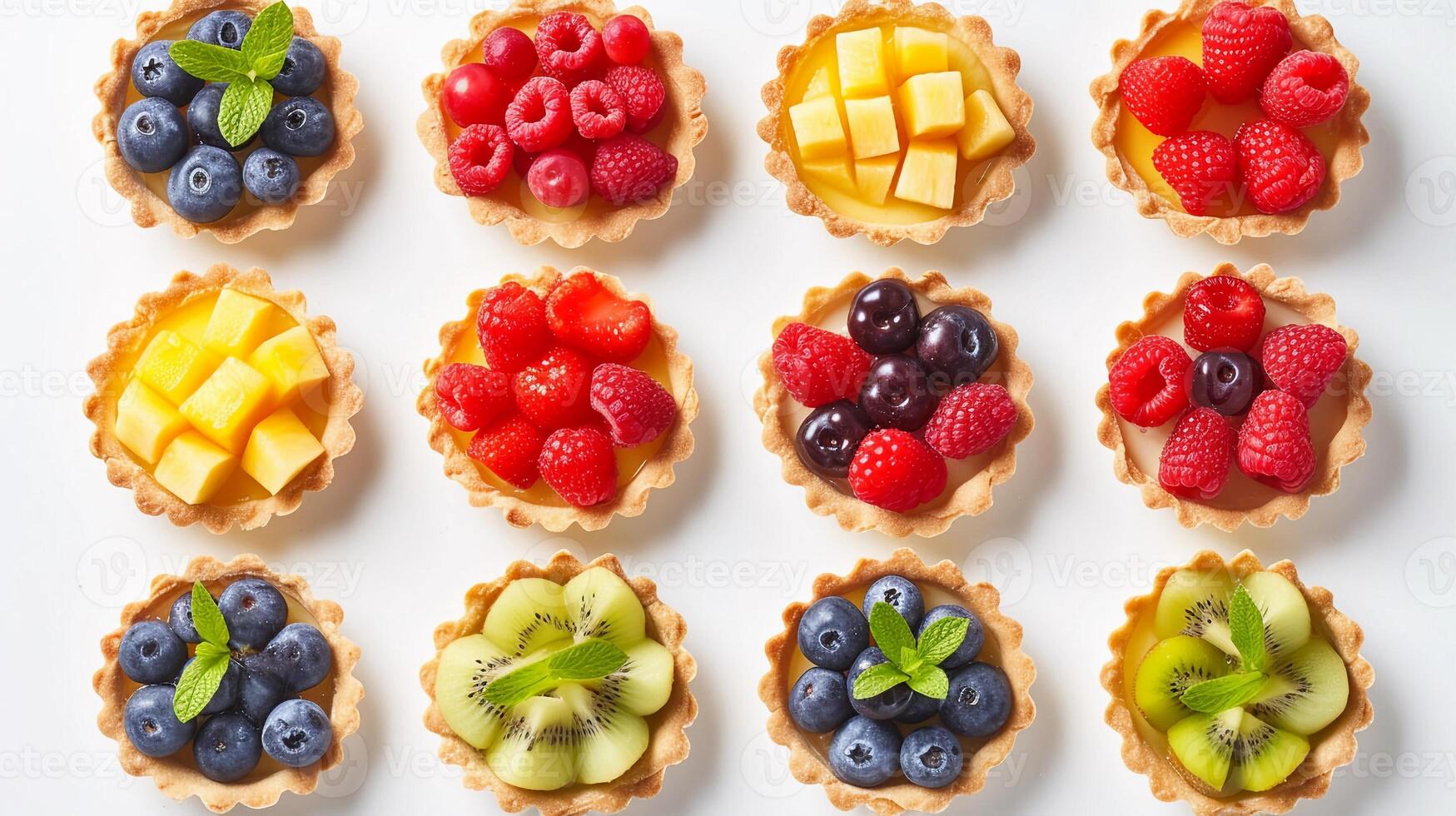 AI generated Fruit Tartlets, variety of fruit tartlets arranged in a visually appealing pattern on a white background, background image, generative AI photo