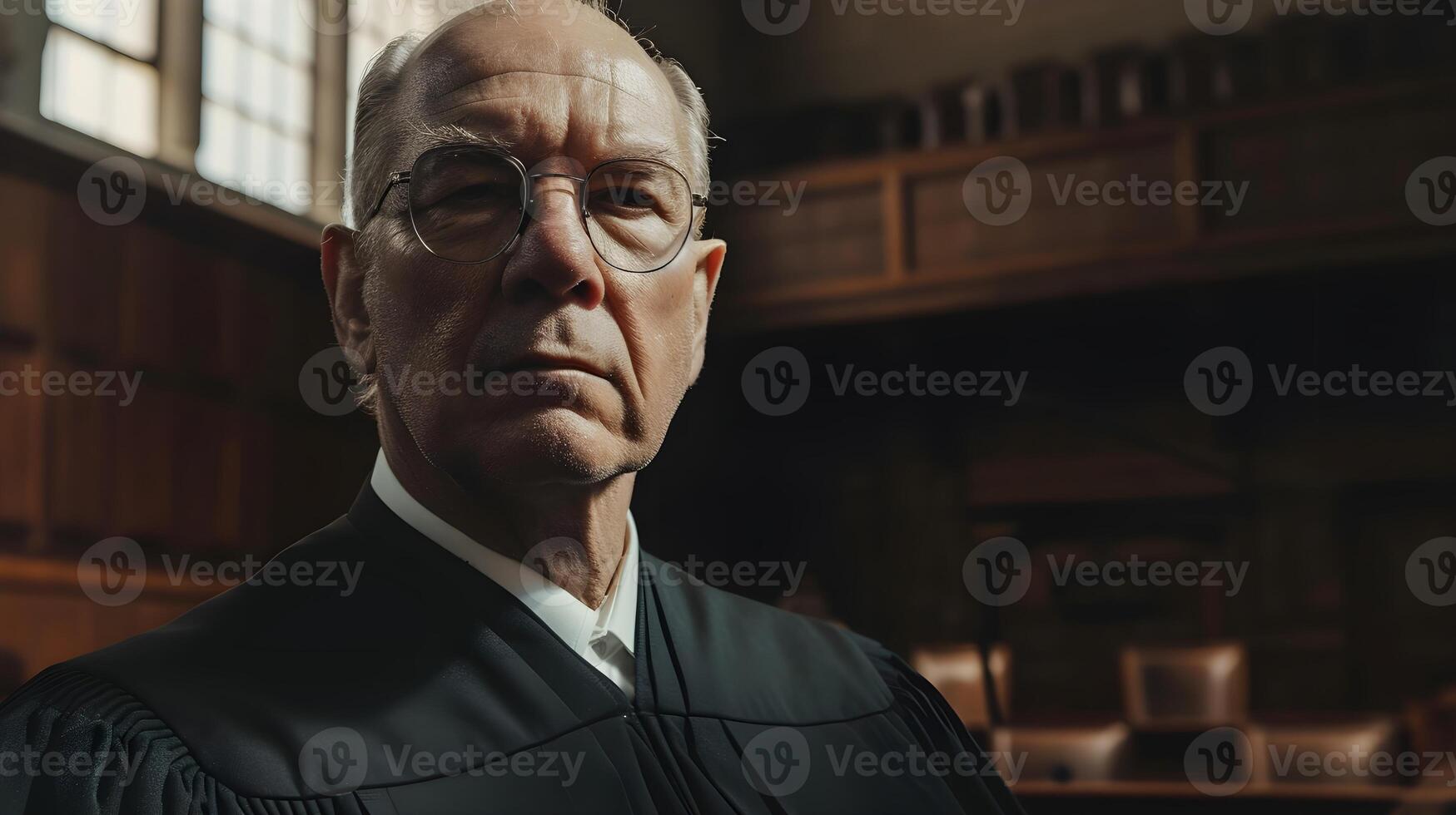 AI generated Portrait of a white middle-aged male judge on duty against court atmosphere background, background image, generative AI photo