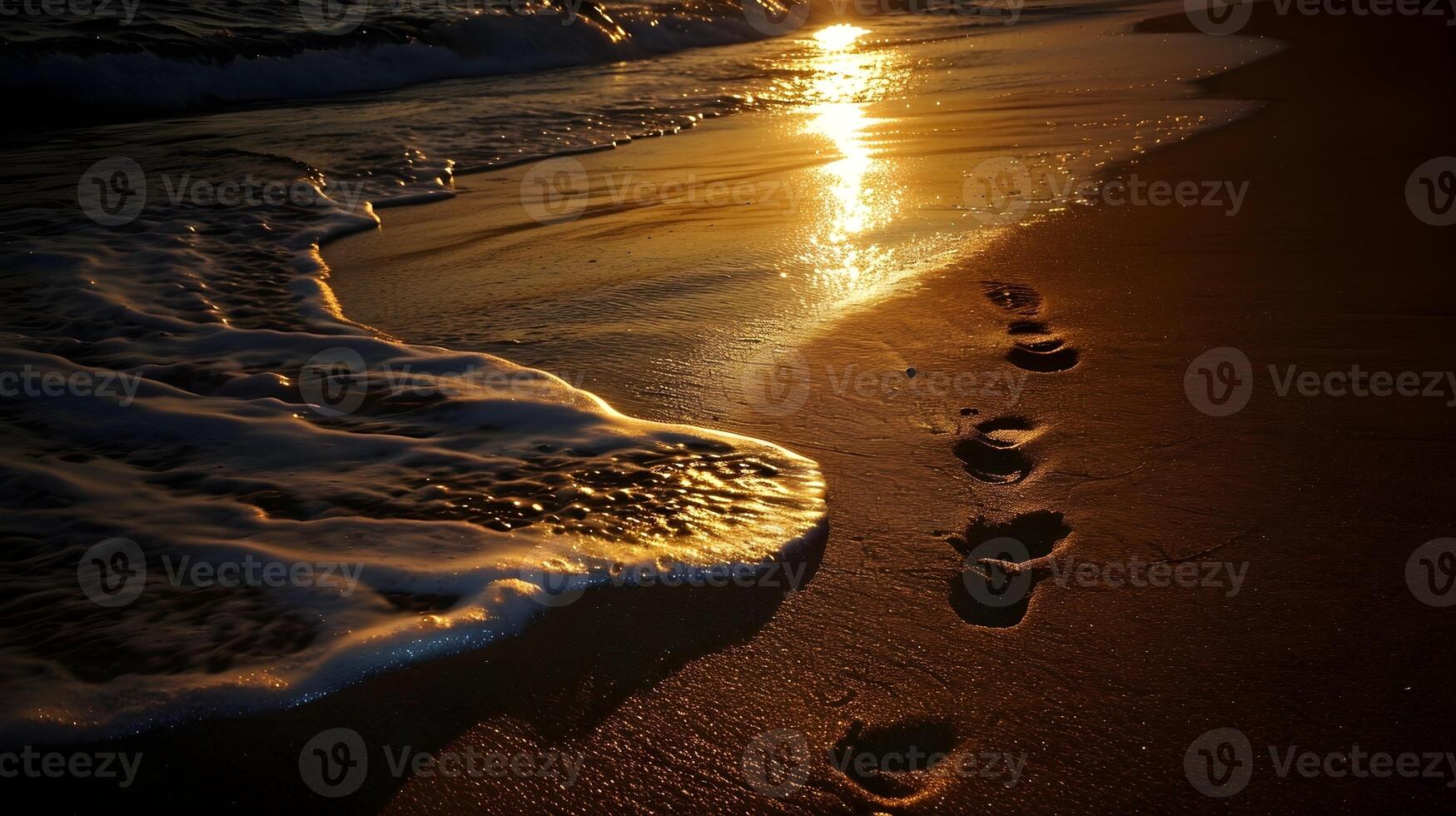 AI generated Close-up of the beach with moonlight illuminating the sand and the footprints of a couple, valentines day vibes, background image, generative AI photo