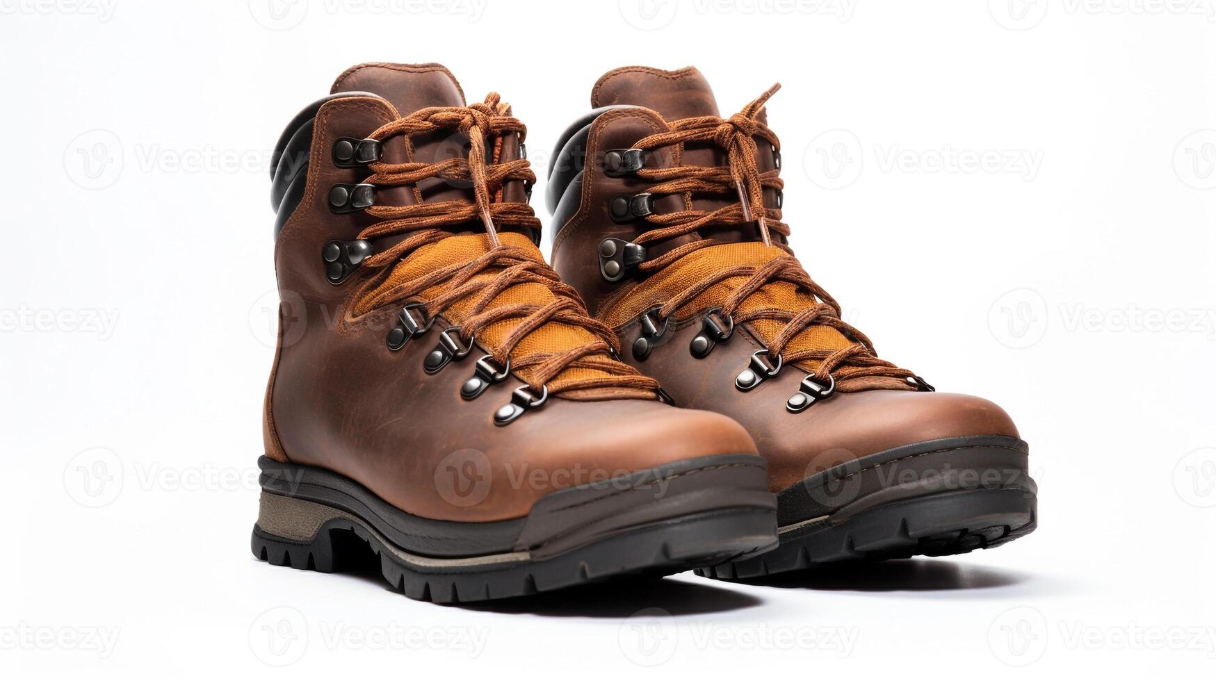 AI generated Brown Hiking Boots isolated on flat white background with copy space for advertisement. Generative AI photo