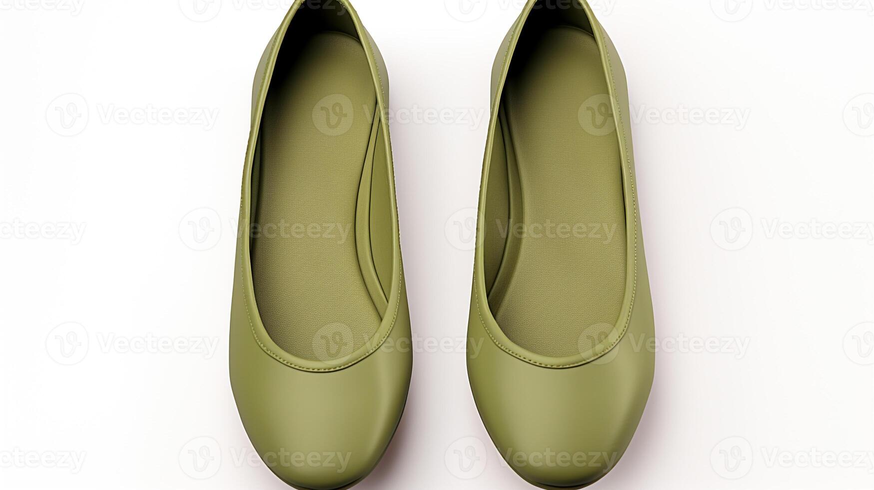 AI generated Olive Ballet Flats shoes isolated on white background with copy space for advertisement. Generative AI photo