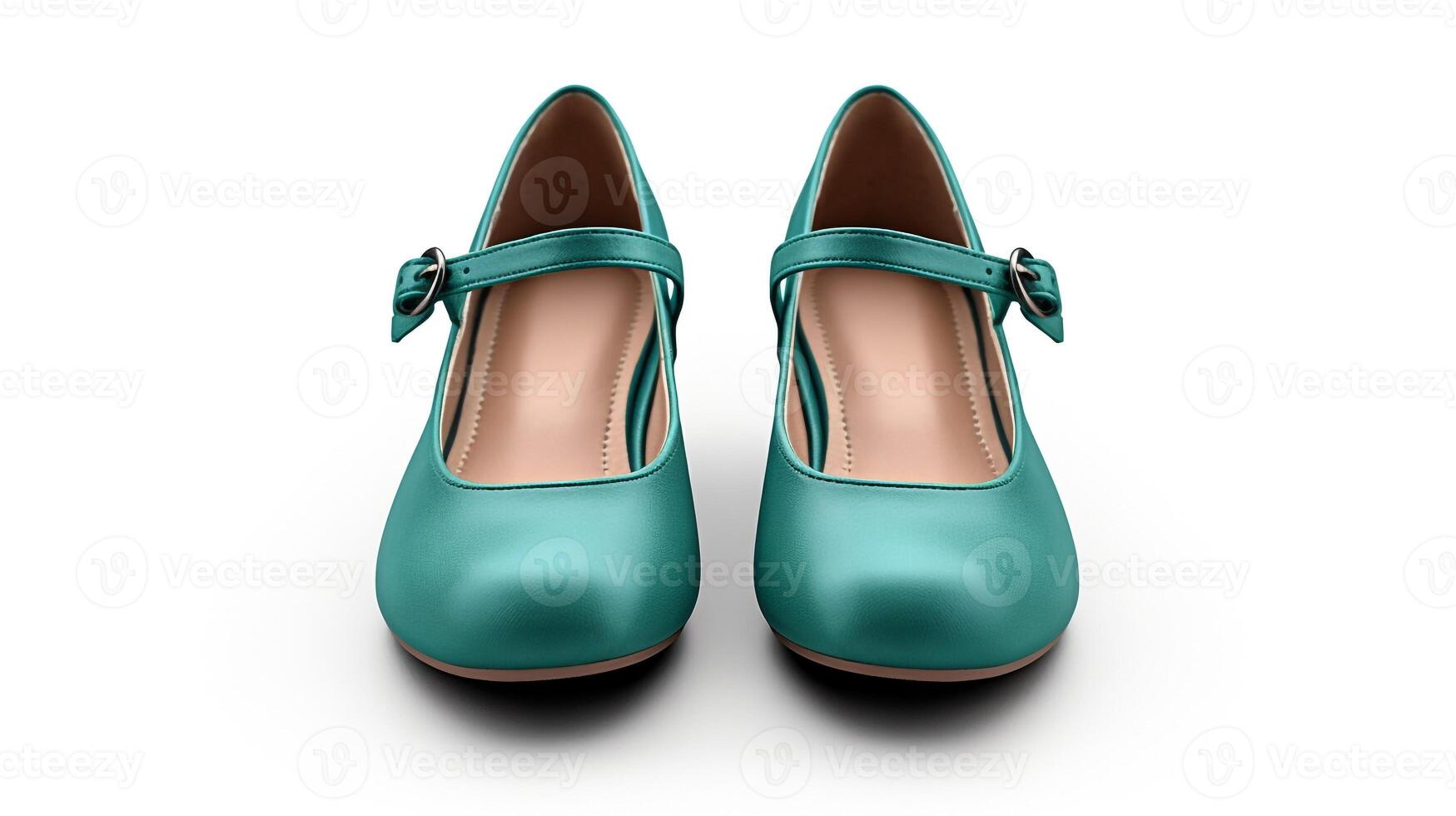 AI generated Teal Mary Janes shoes isolated on white background with copy space for advertisement. Generative AI photo