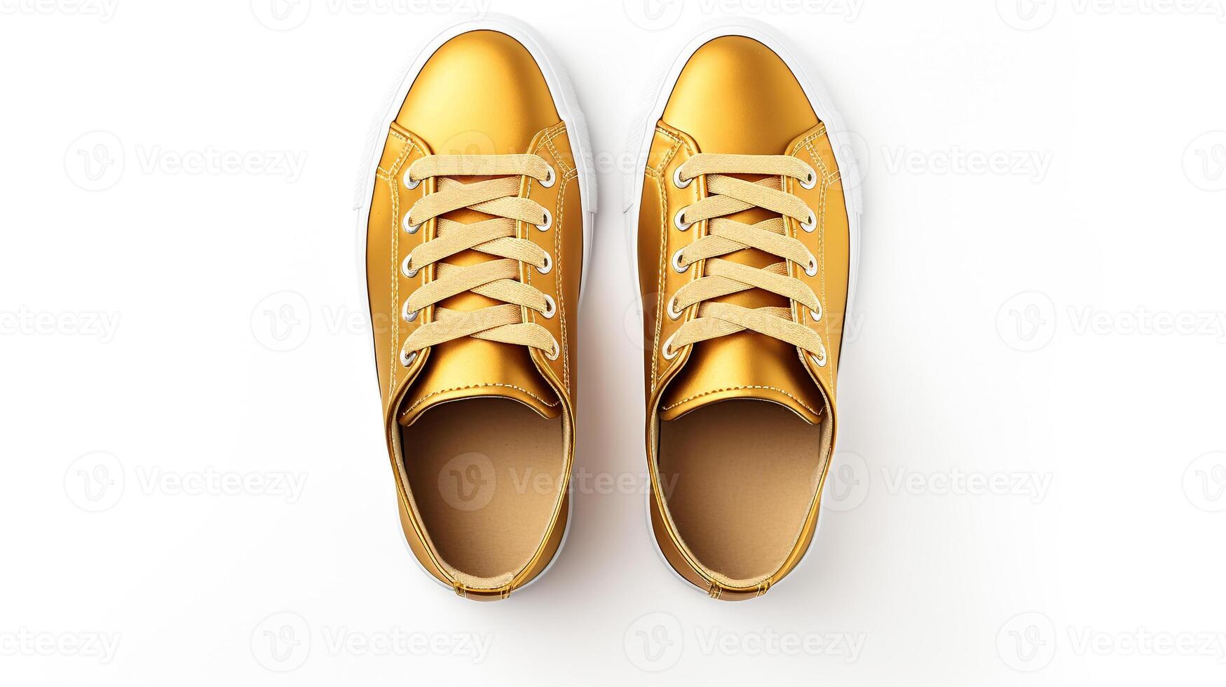 AI generated Gold Sneakers shoes isolated on white background with copy space for advertisement. Generative AI photo