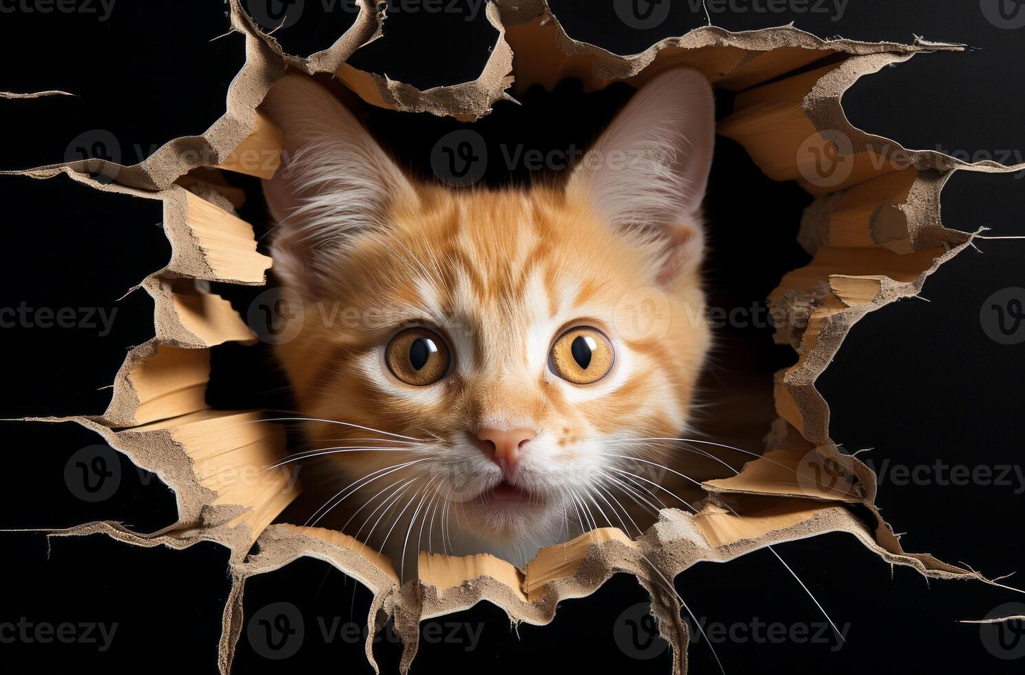 AI generated A curious cat peeking from a hole in the wall, pet pranks image photo