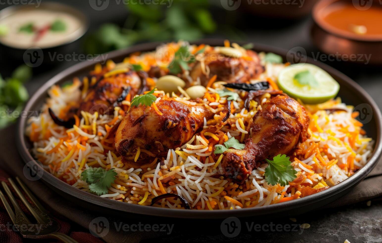 AI generated A plate of indian chicken biryani with rice and chutney, chicken biryani concept photo