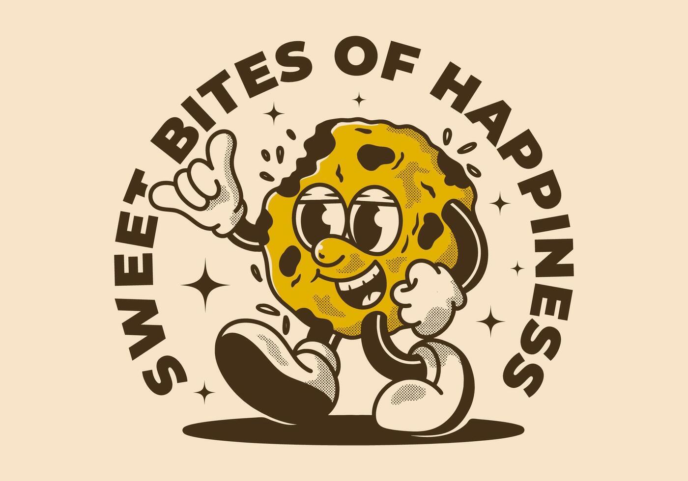 dulce picaduras de felicidad. mascota personaje de un caminando galletas en retro estilo vector