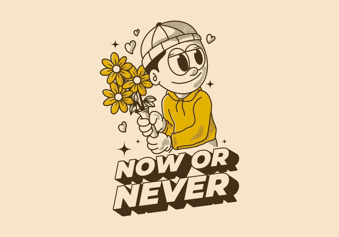 Now or never. Retro illustration of a beanie guy holding a flower vector