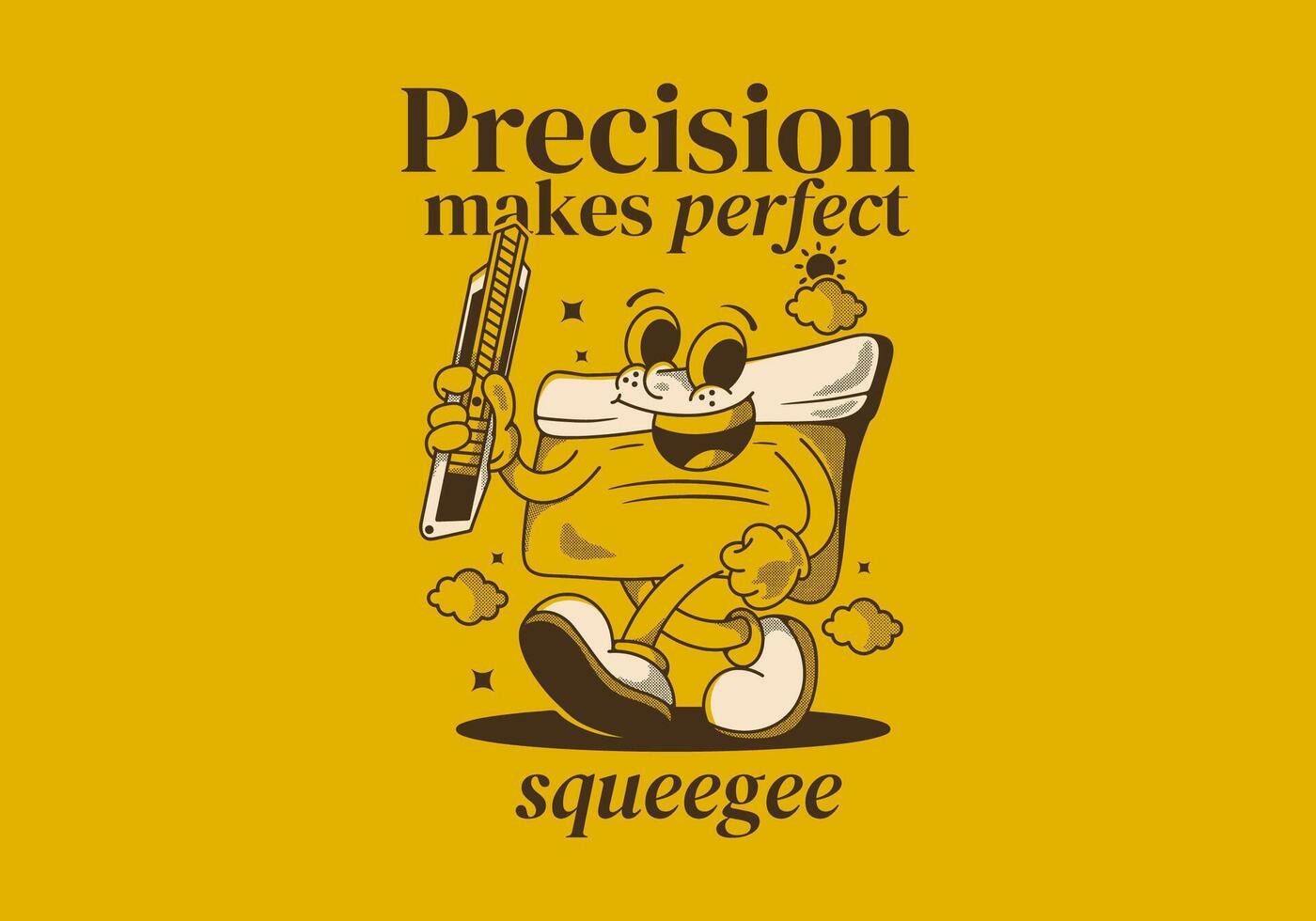 Precision makes perfect. Squeegee mascot character holding a blade, vintage style vector