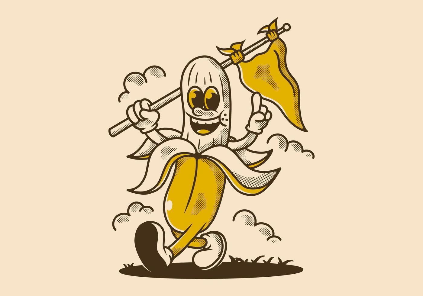 Character of walking banana holding a triangle flag vector