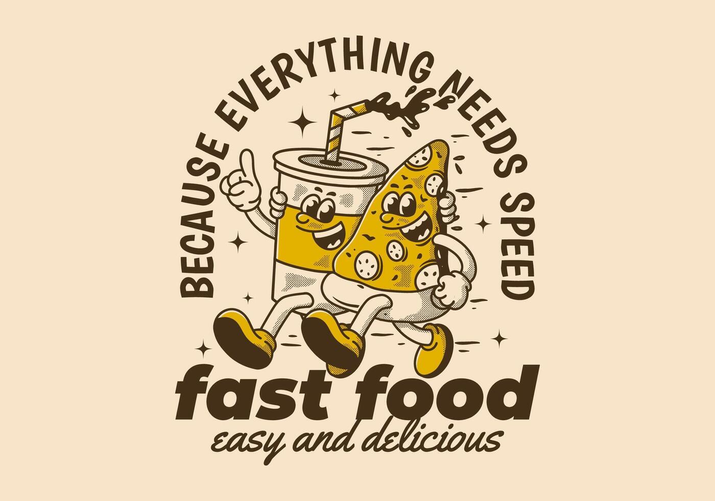 Fast food, easy and delicious. Character illustration of running pizza and soft drink vector