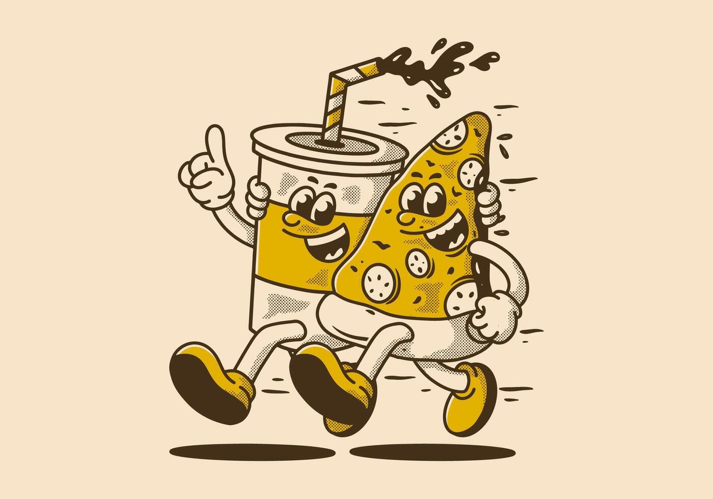 personaje ilustración de corriendo Pizza y suave bebida vector