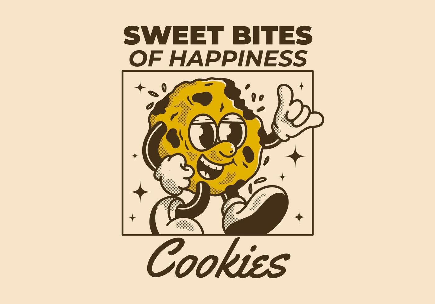 dulce picaduras de felicidad. mascota personaje de un caminando galletas en retro estilo vector