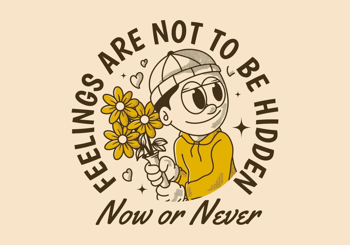 Now or never. Retro illustration of a beanie guy holding a flower vector