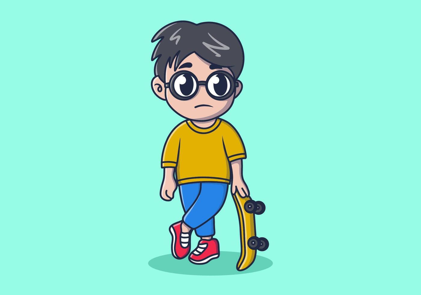 Cute man character standing with skate board illustration. Isolated background vector