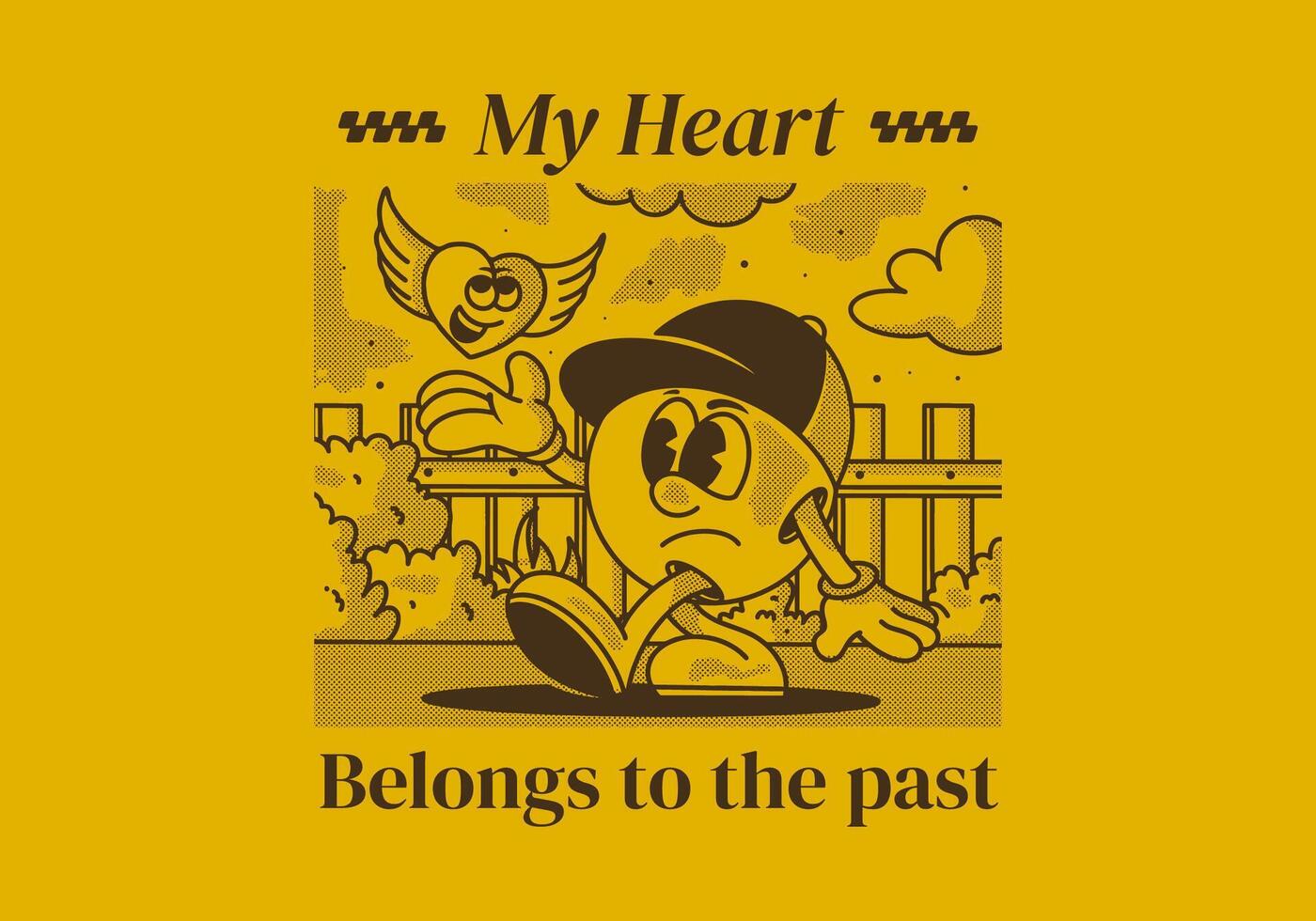 mi corazón pertenecer a a el pasado. personaje ilustración de un pelota cabeza y volador corazón vector