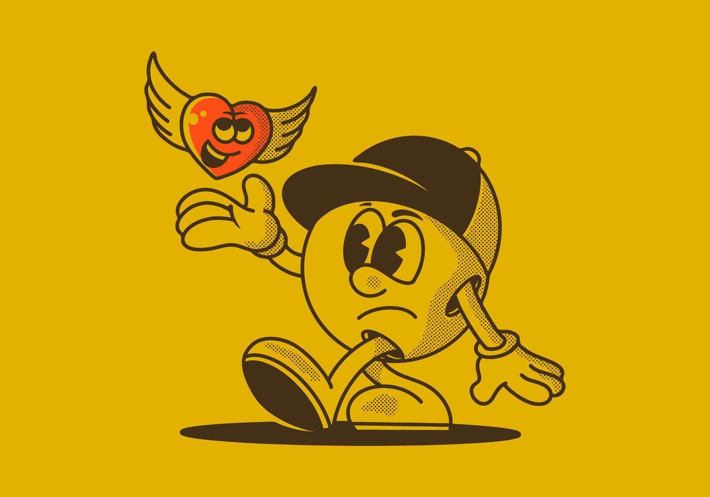 Character illustration of a ball head and flying heart vector
