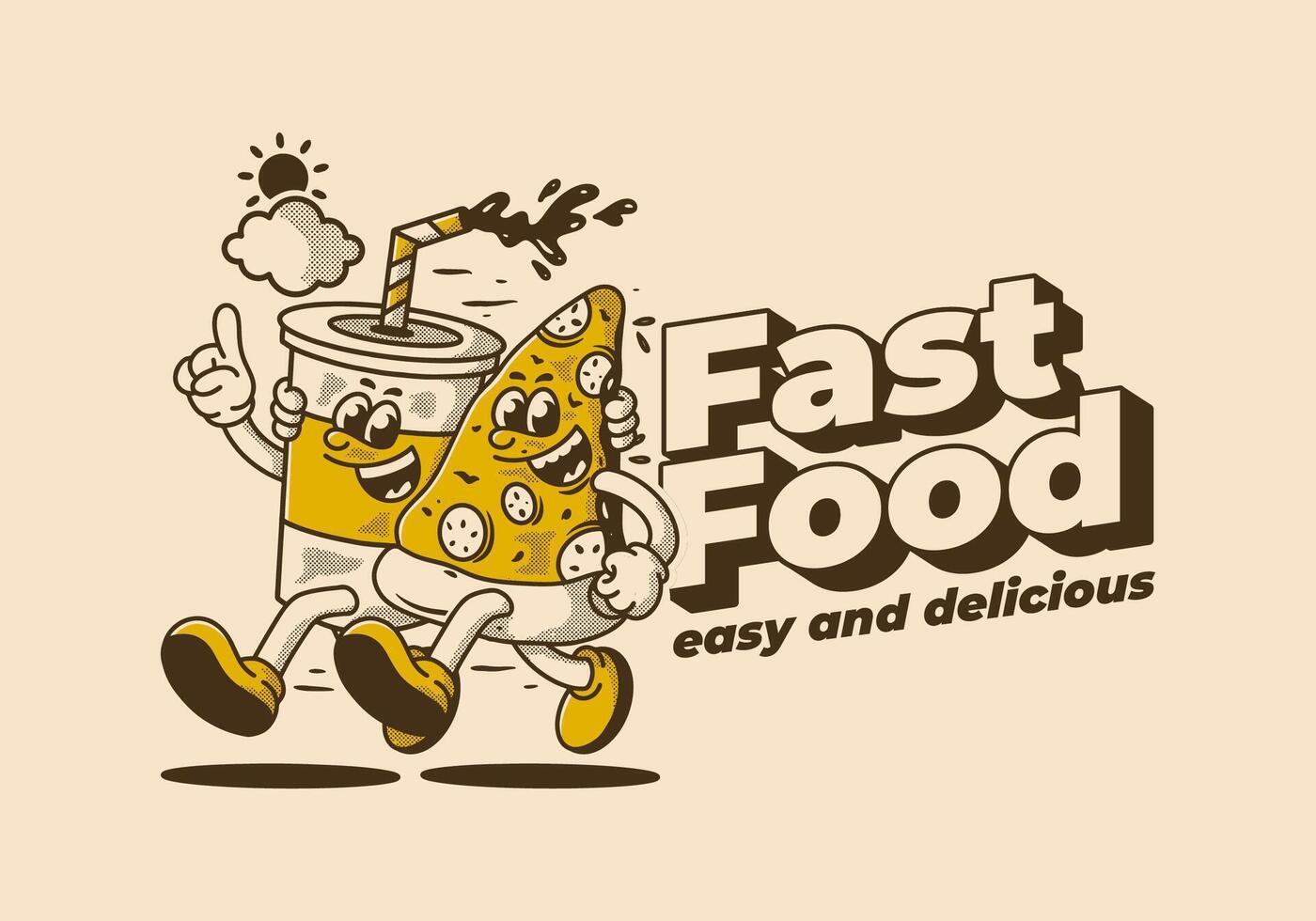 Fast food, easy and delicious. Character illustration of running pizza and soft drink vector