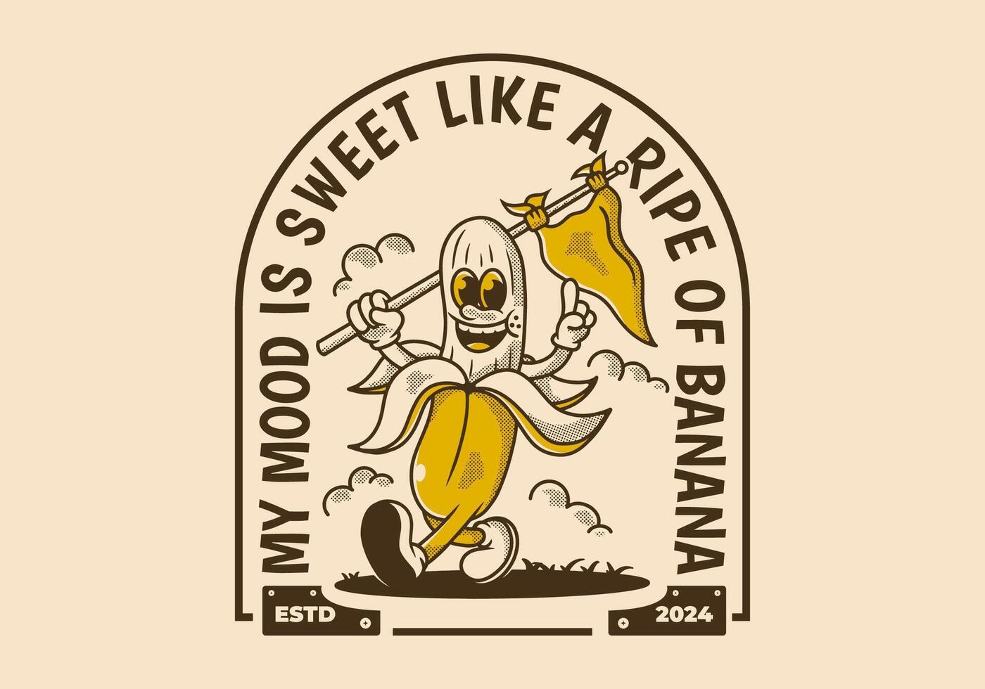 My mood is sweet, like a ripe of banana. Character of walking banana holding a triangle flag vector