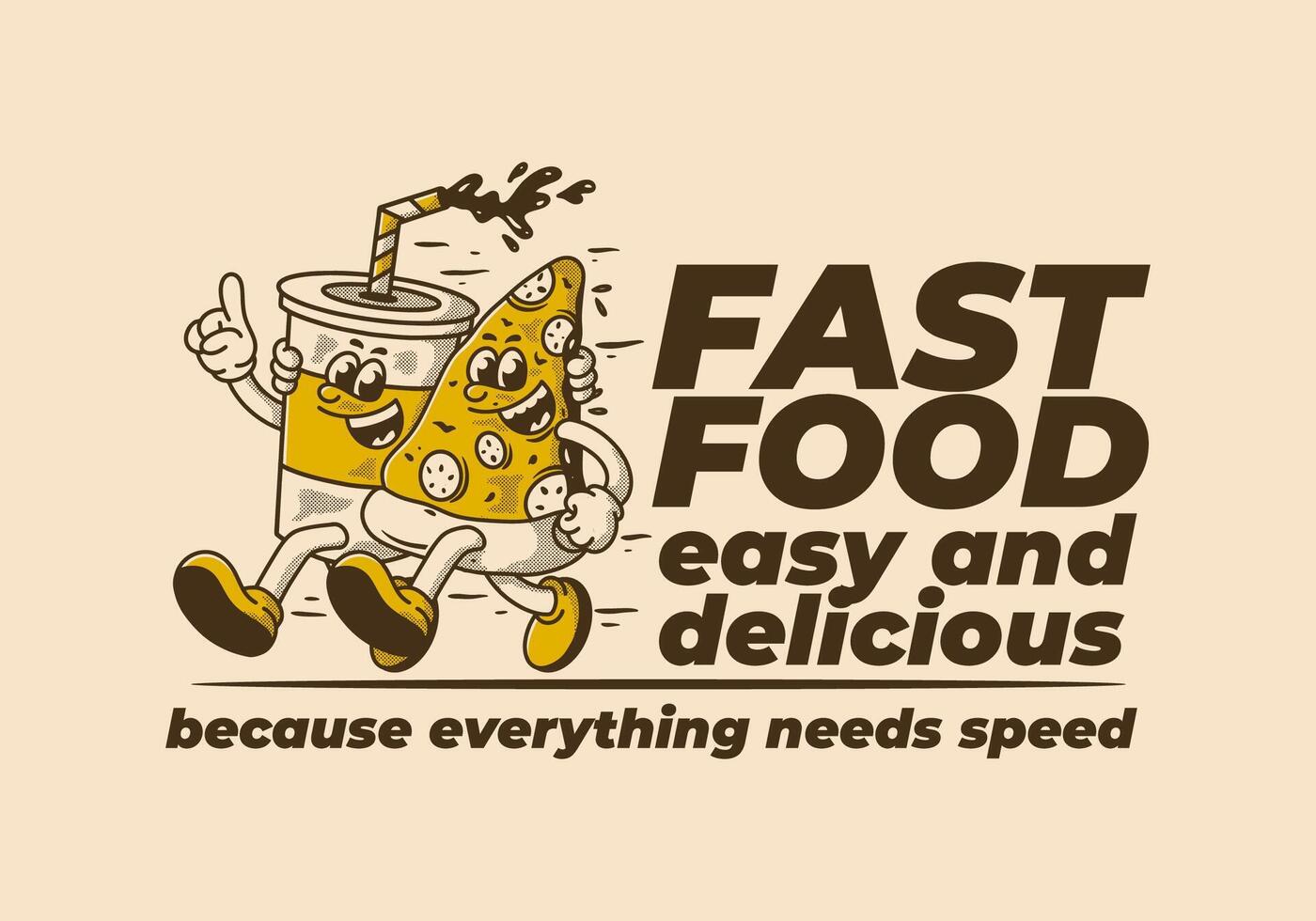rápido alimento, fácil y delicioso. personaje ilustración de corriendo Pizza y suave bebida vector