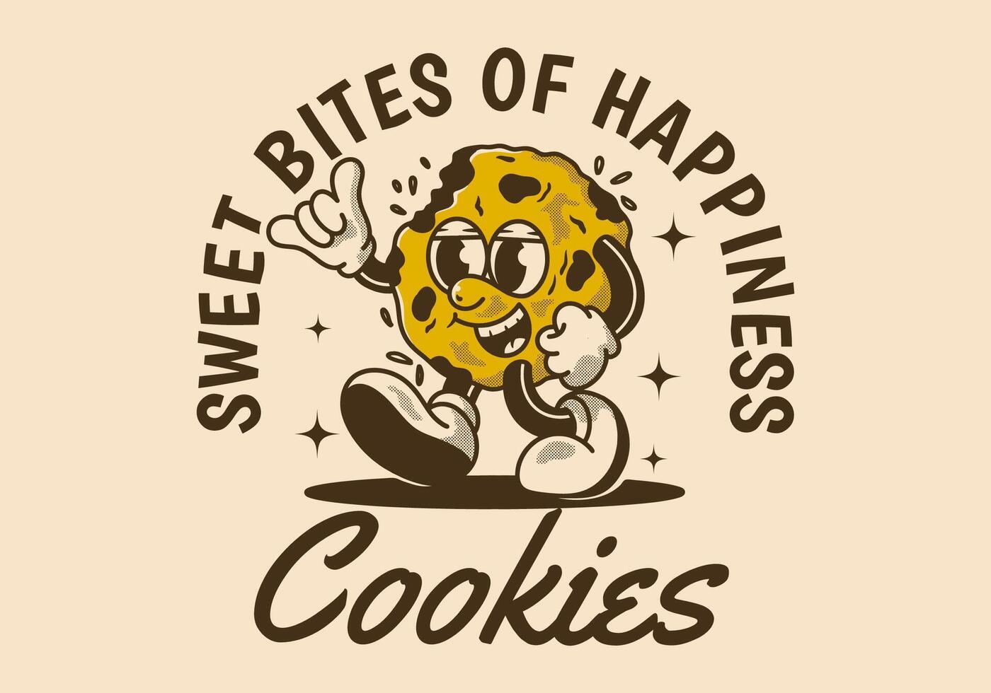 Sweet bites of happiness. Mascot character of a walking cookies in retro style vector