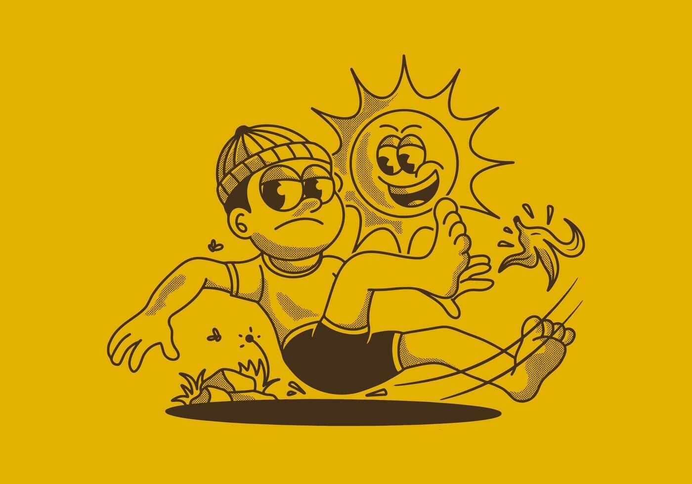 Vintage illustration of a boy falling on a banana peel vector