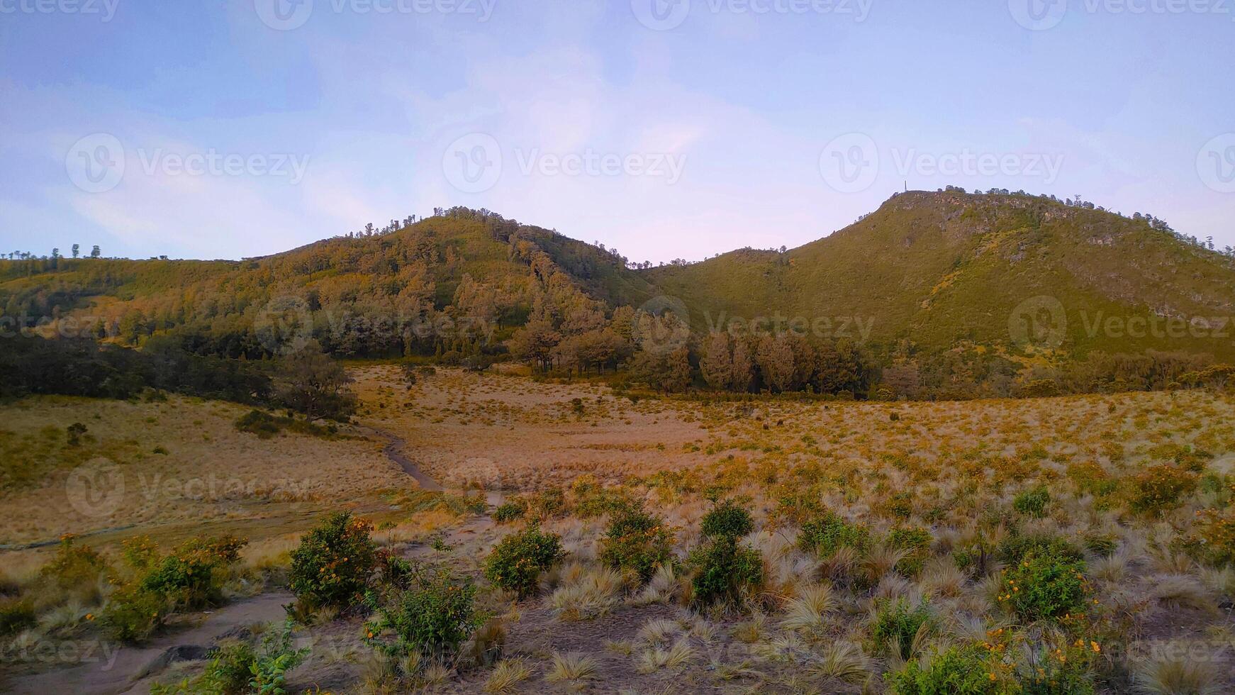 The view of the hills on a sunny morning creates a calm and peaceful photo