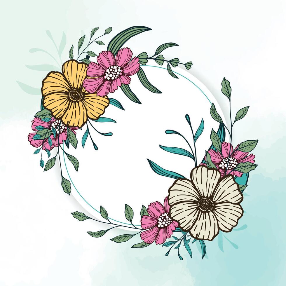 Floral wreath with flowers and leaves. flower round frame vector illustration