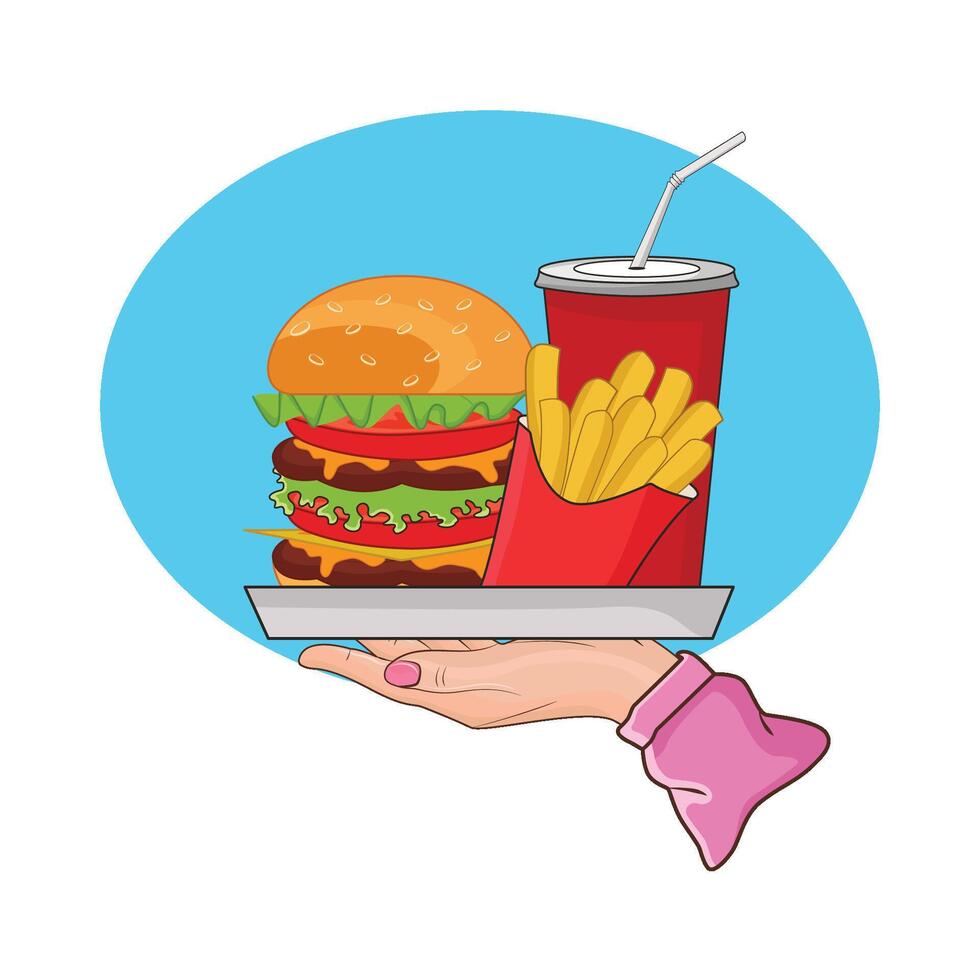 ilustración de hamburguesa, papas fritas y bebida vector