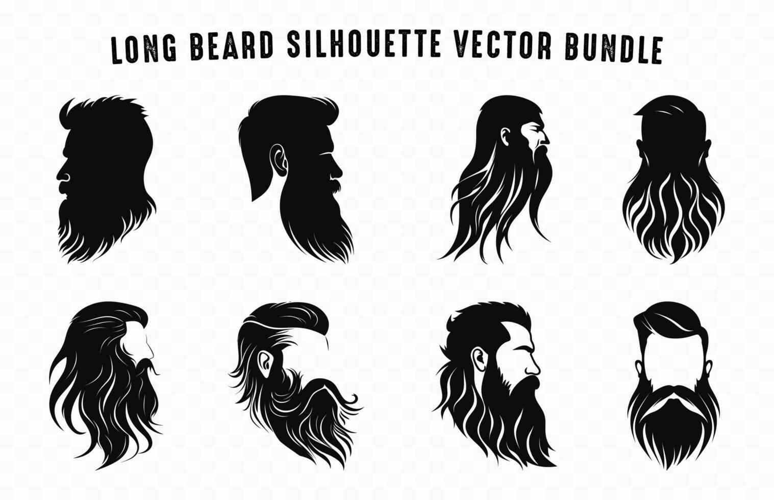 Long beard black silhouette vector Set, Different big beard hairstyle silhouettes Bundle