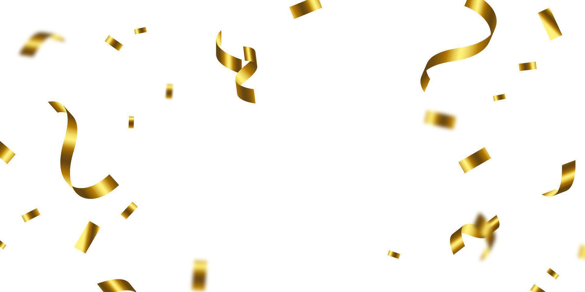 Golden confetti and zigzag ribbon falling from above streamer, tinsel vector