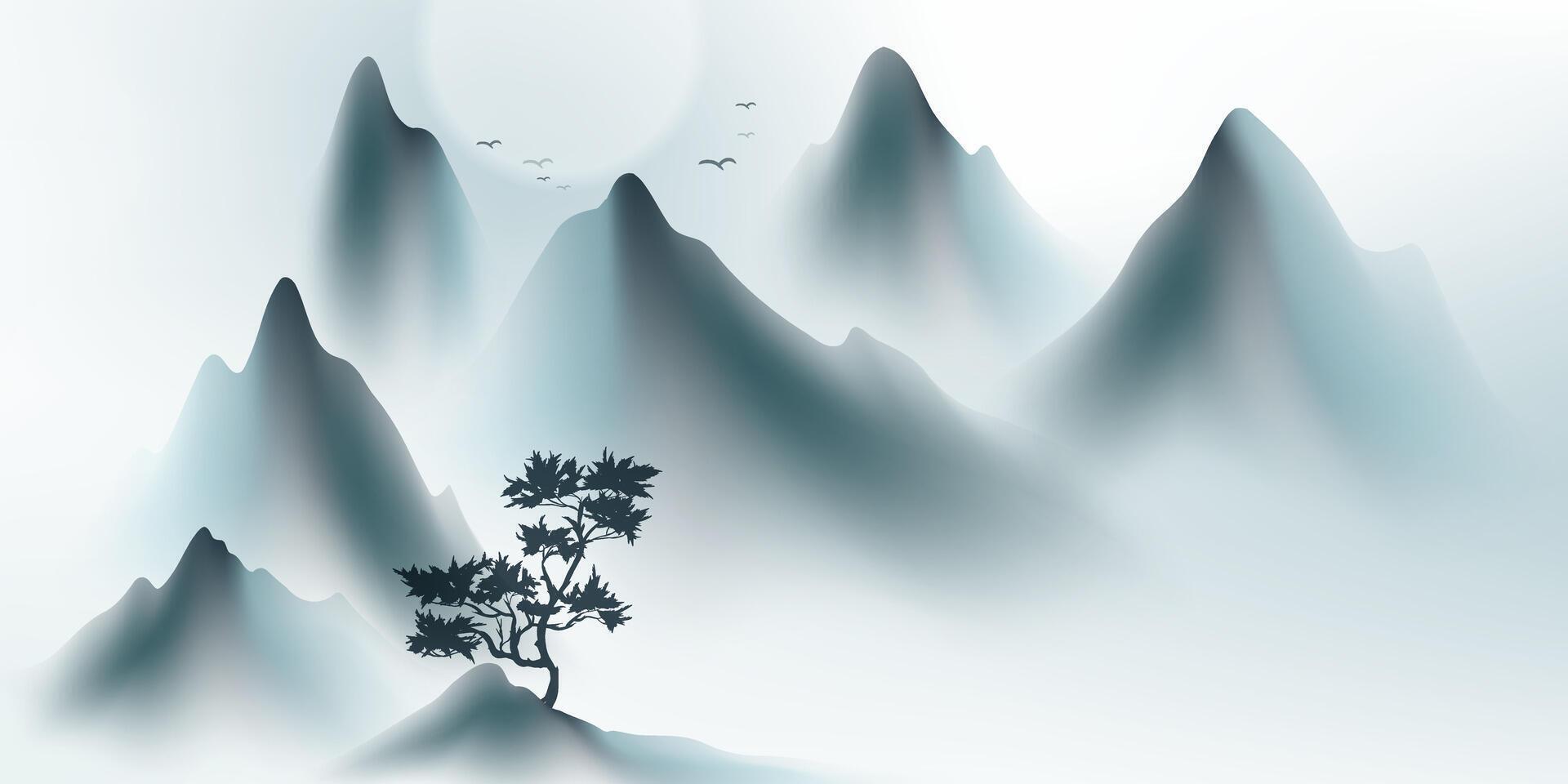 Modern design vector illustration of beautiful Chinese ink landscape painting.