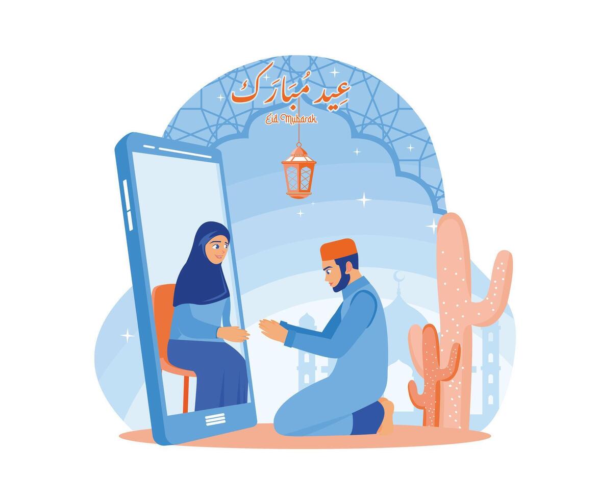 hijo se disculpa a su padres vía célula teléfono. celebrar eid al-fitr en línea. contento eid Mubarak concepto. plano vector moderno ilustración