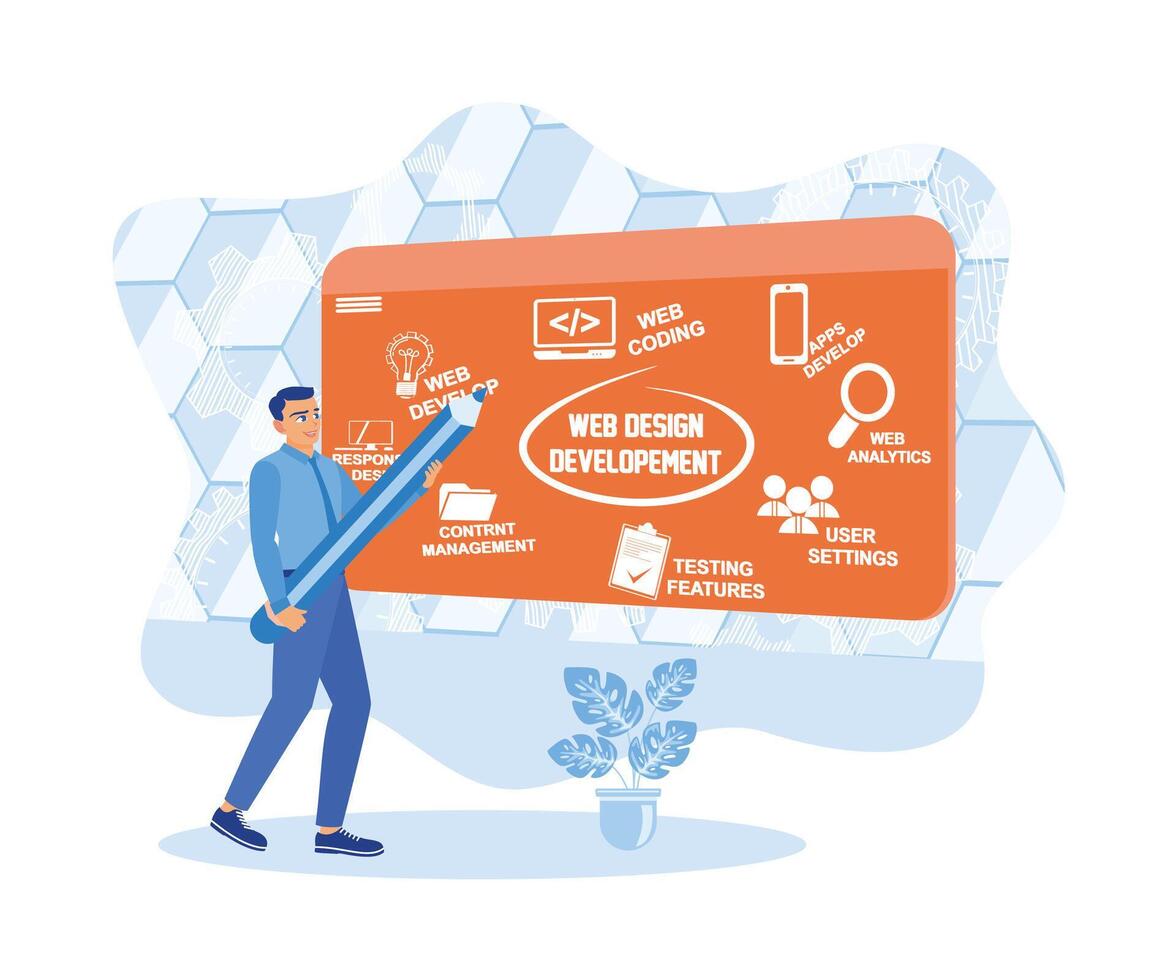 Intelligent man making website design using giant pencil on board. Web Design and Development Concept. Web design concept. Flat vector illustration.