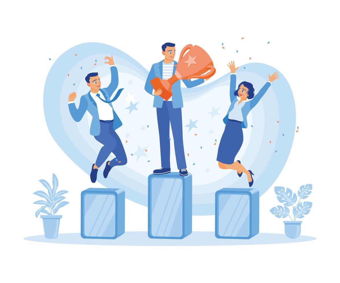 People standing on the podium. Jump into the air to celebrate victory. Success Business concept. flat vector modern illustration