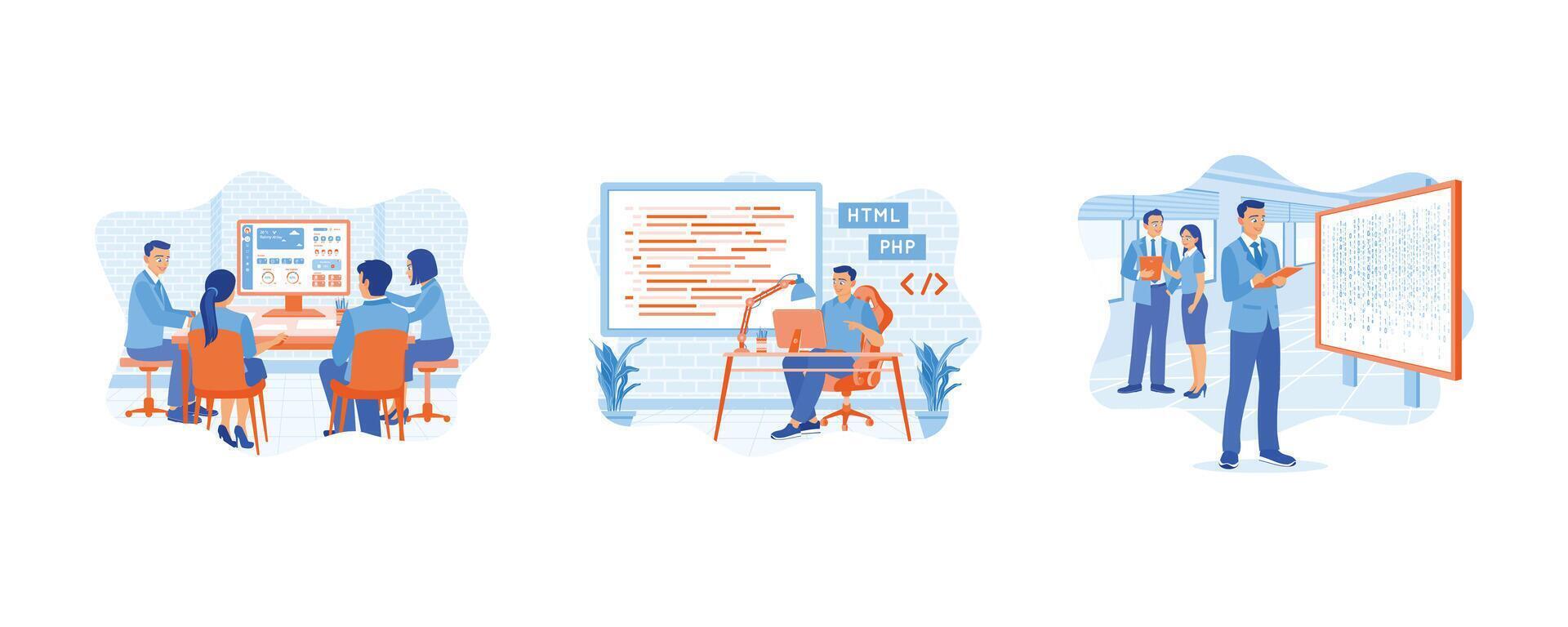 A team of IT experts is sitting in front of computers. The screen displays computer script coding. Developing mobile applications. APP devs concept. set flat vector illustration.