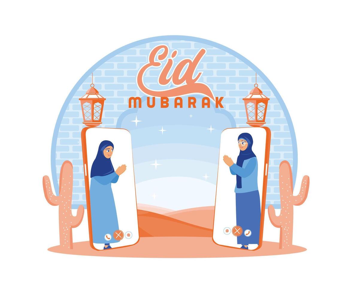 Two Muslim women celebrate Eid together. Apologize to each other during a video call on a cell phone. Happy Eid Mubarak concept. flat vector modern illustration