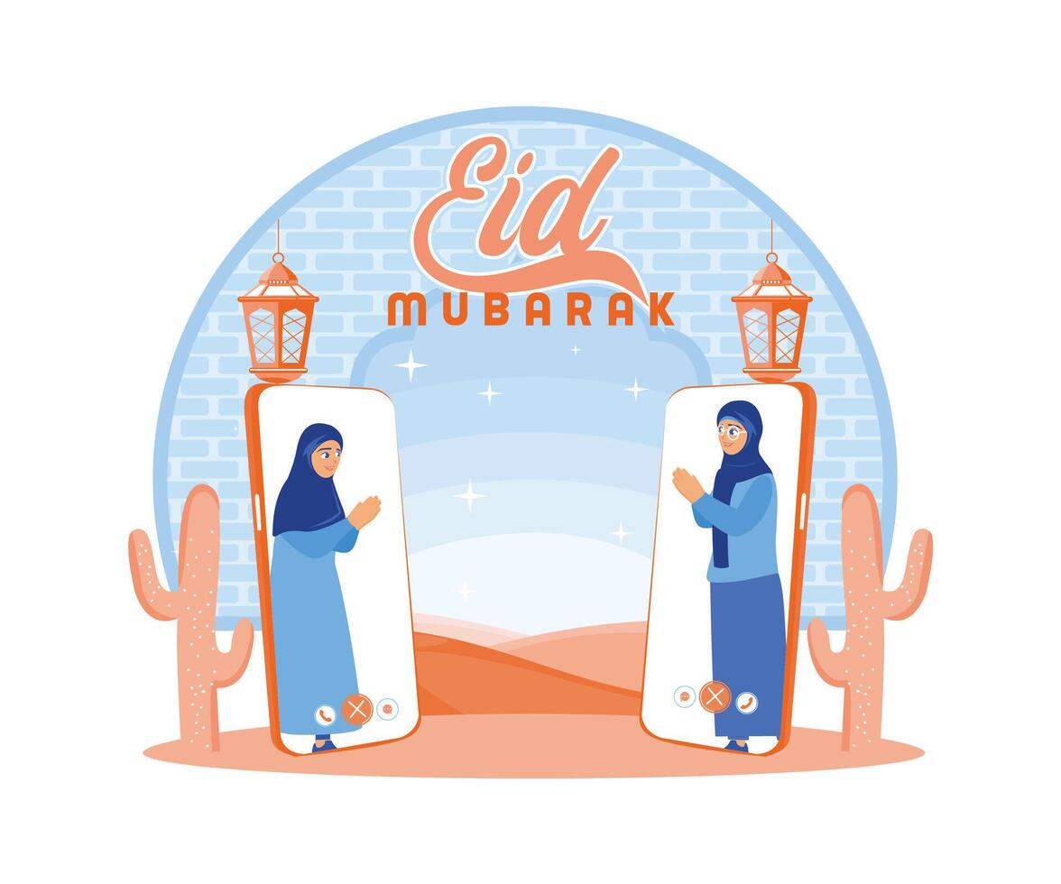 dos musulmán mujer celebrar eid juntos. pedir disculpas a cada otro durante un vídeo llamada en un célula teléfono. contento eid Mubarak concepto. plano vector moderno ilustración