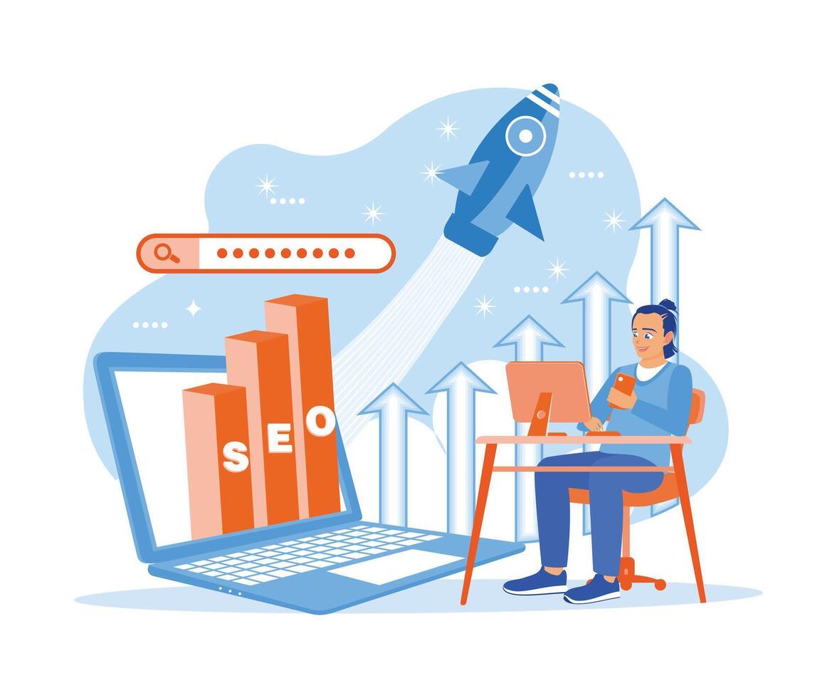 Man using computer, laptop, and mobile phone to promote ranking traffic on website. Optimizing websites to rank in SEO search engines. SEO concept. Trend Modern vector flat illustration