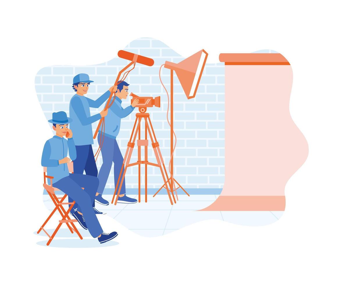 Behind the scenes of the filmmaking process. The film crew team shot in a studio with professional equipment. Film Production Concept. Flat vector illustration.