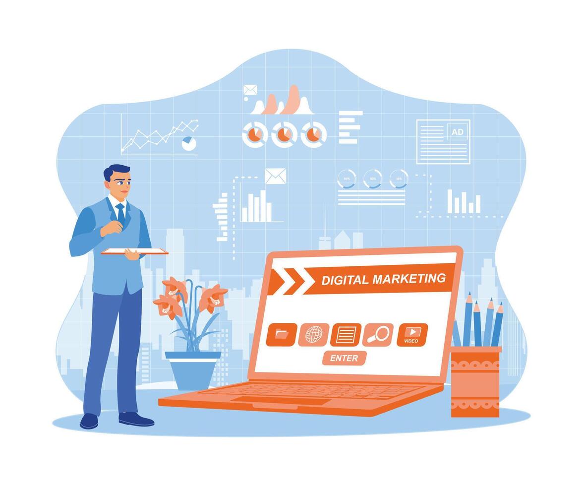 Businessman with tablet and laptop creating marketing concept. A businessman standing in an office with a city view background. Digital Marketing Content concept. trend flat vector modern illustration