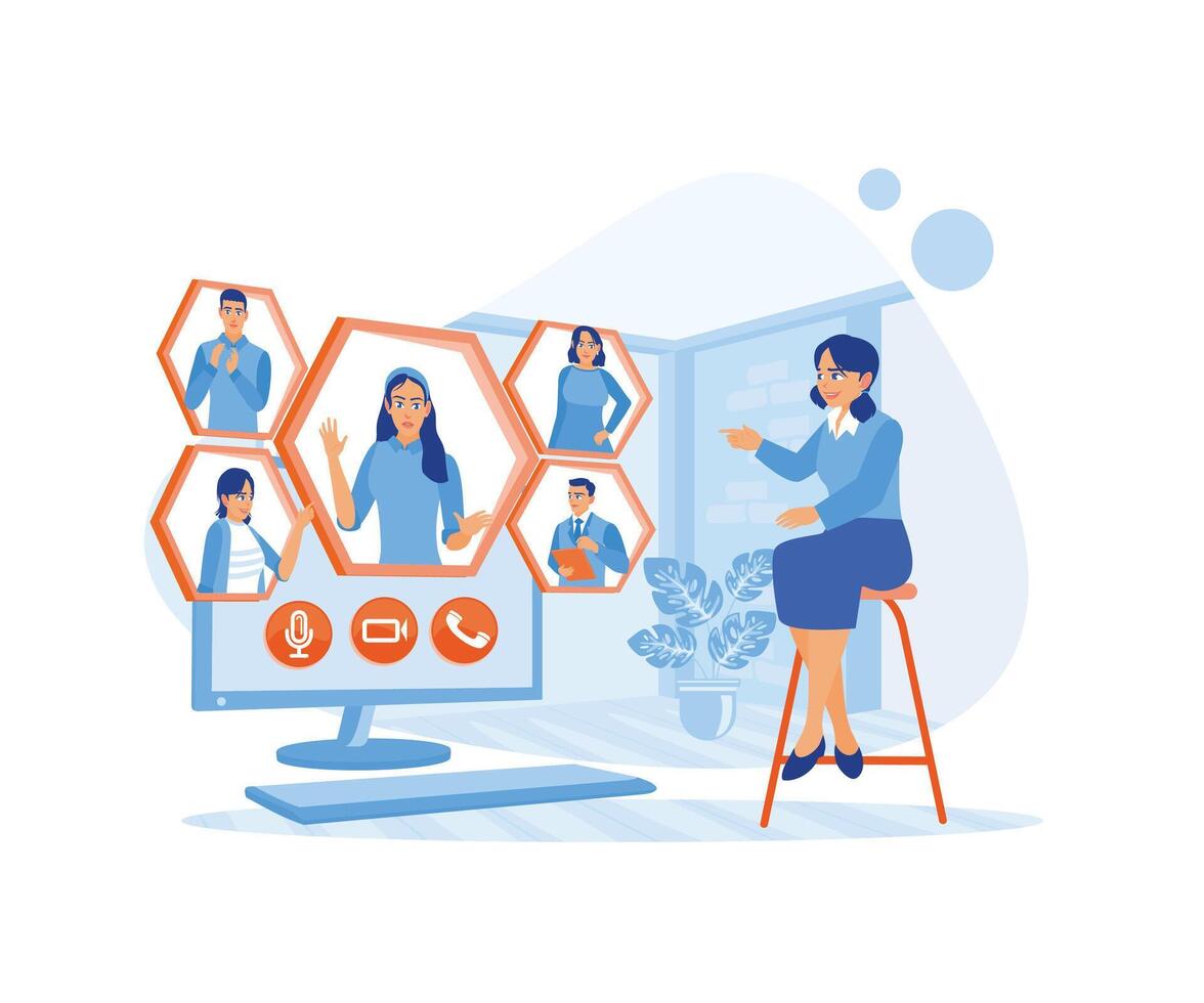 Employees hold online meetings or group digital briefings on computers with coworkers. Briefings concept. Trend Modern vector flat illustration