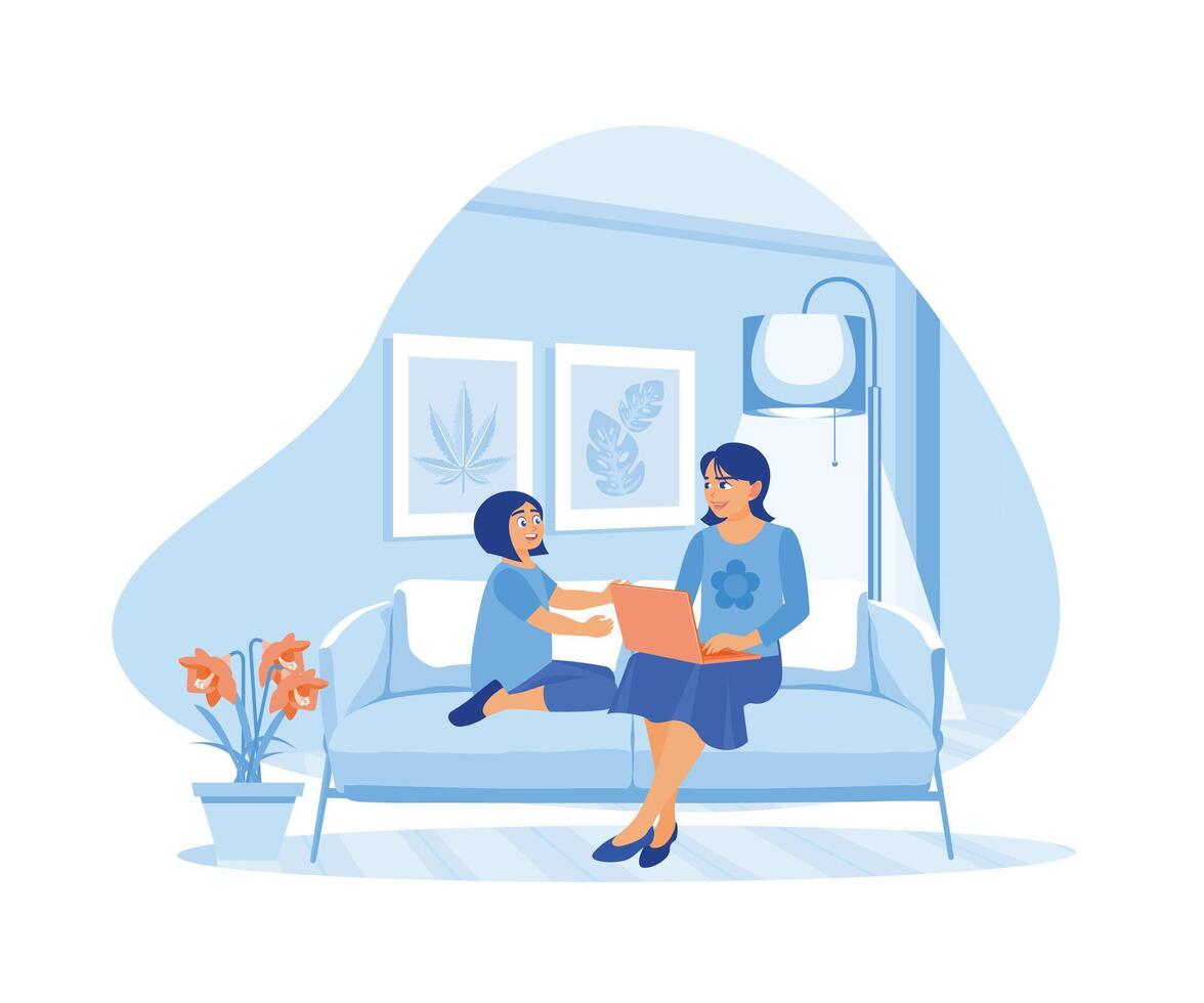 Mother and daughter sitting on the sofa. They have fun and use the laptop to watch cartoons together. Virtual Relationships concept. Flat vector illustration.