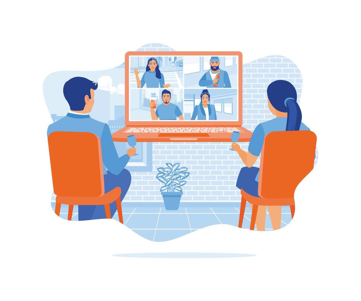 A happy young couple is making a video call at home. Celebrate a night party with friends online. Virtual Relationships concept. Flat vector illustration.