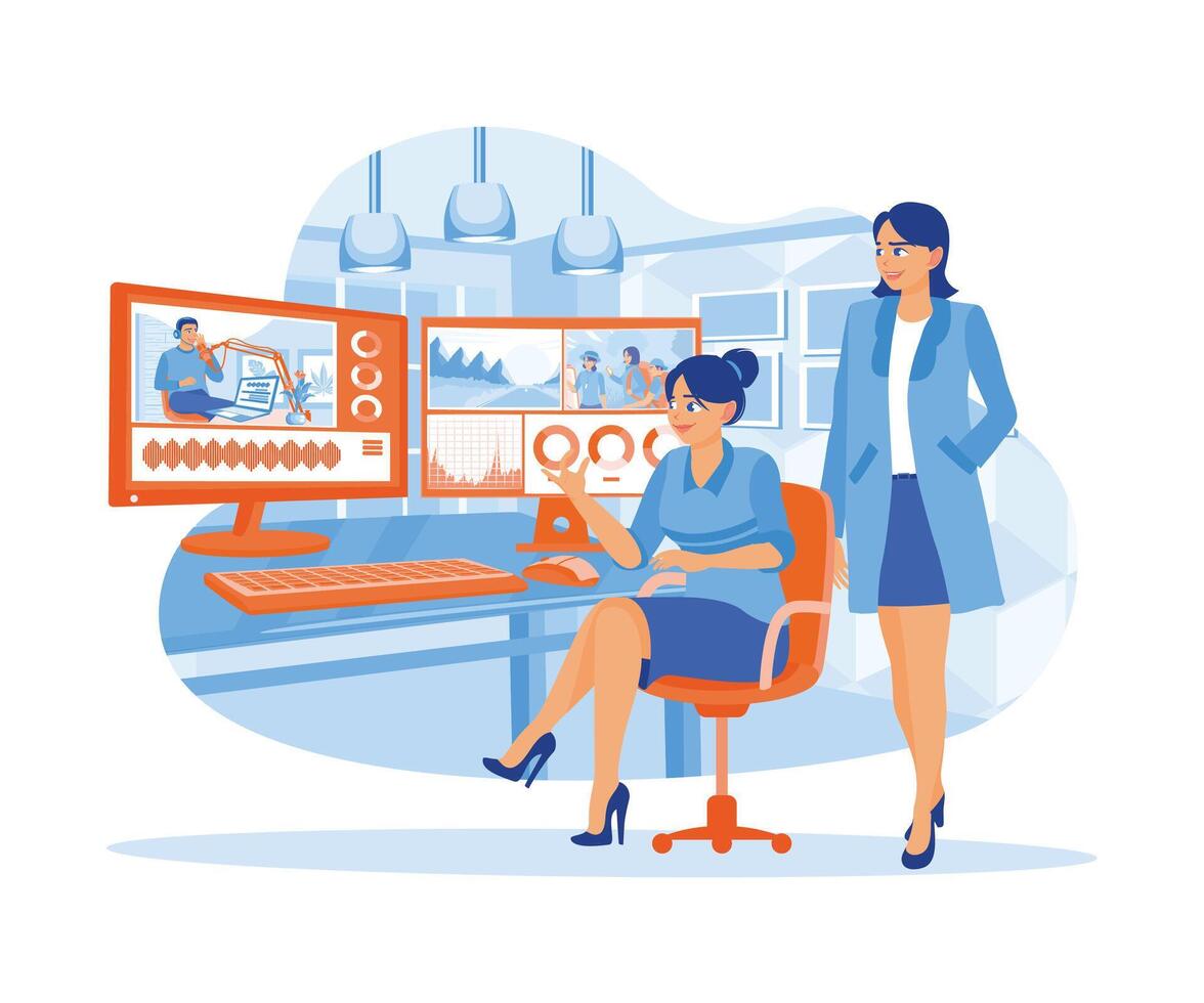 Editor and co workers work together at a digital multimedia company. Work on client recordings using post production software. Video Editor concept. Flat vector illustration.