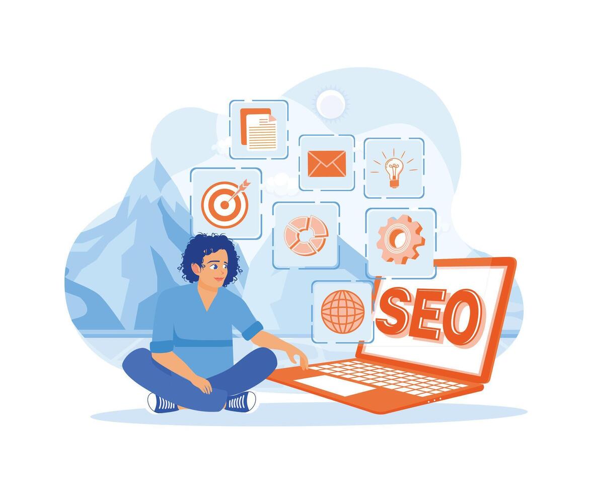 A businessman is using a laptop to analyze search engine optimization. Digital marketing concept with social media content and advertising from the website. SEO concept. vector