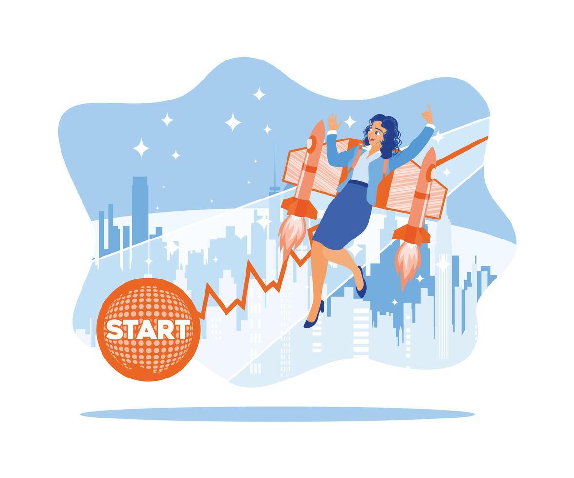 A young woman flying using a jet pack on her back. Starting a new business towards success. Successful career take of concept. flat vector modern illustration