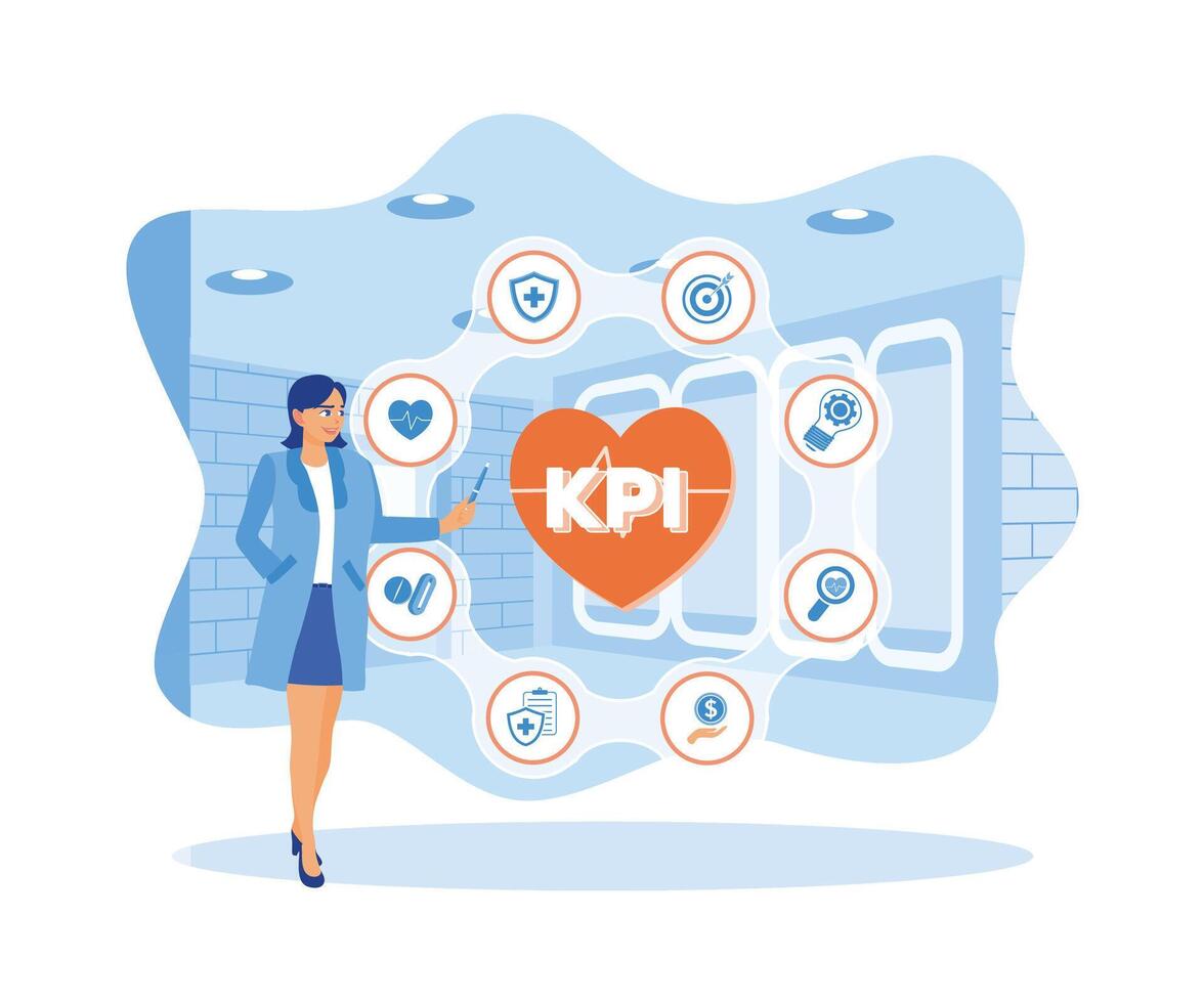 The female doctor makes medical plans and plans performance metrics. Health care concept of key performance indicators. Smart KPI concept.flat vector modern illustration