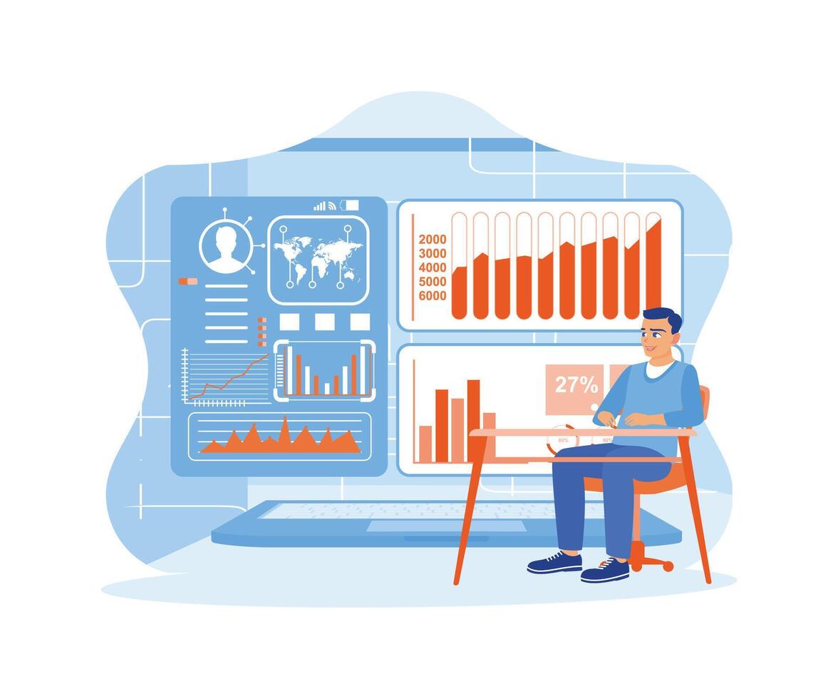 Man sitting in front of a laptop computer. Examine sales reports, profit charts, and stock market analysis on the screen.  trend flat vector modern illustration