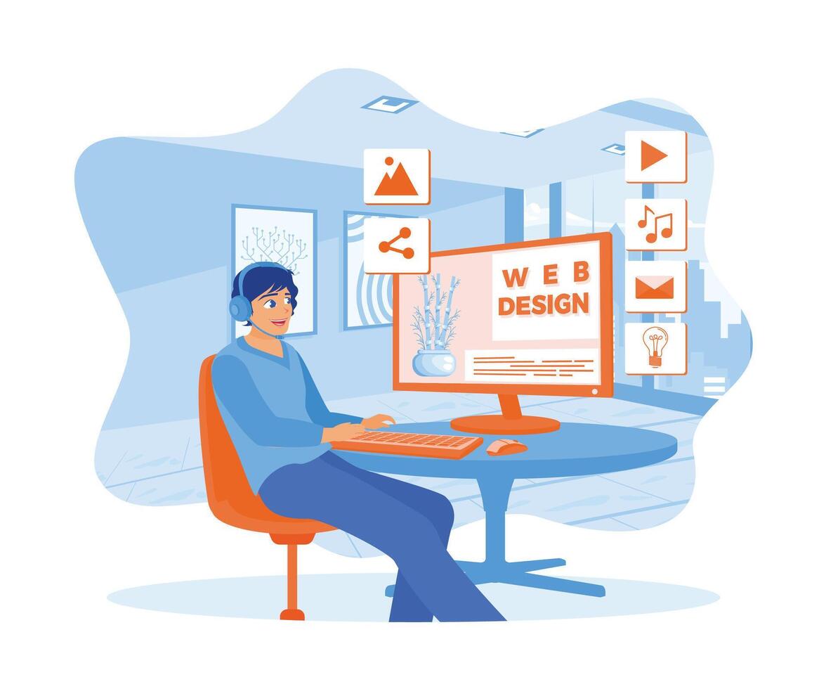 Man working assembling web page. The web design studio concept is on screen. Web design concept. Flat vector illustration.