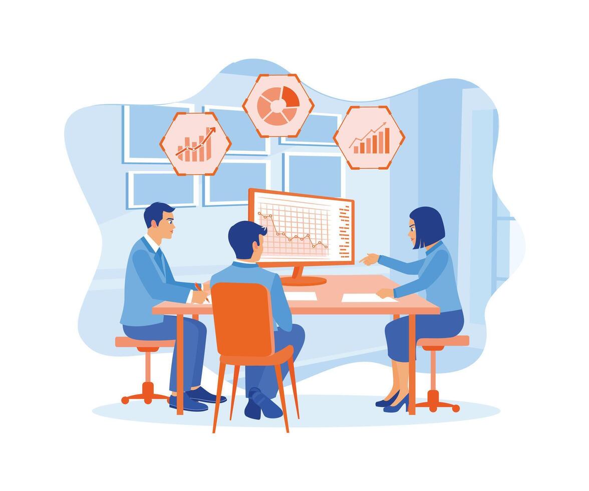 A group of business people analyze data using computers. Use data, graphs and diagrams on the screen. Teamwork meeting concept. Flat vector illustration.